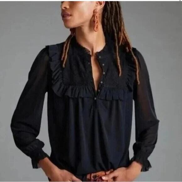 Anthropologie S Black Sheer Peasant Top Ruffle Goth Romantic‎ Dark Academia Boho - Picture 1 of 9